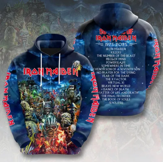 Discover 1Iron Maiden 50 Years 1975-2025 3D All Over Printed Hoodie