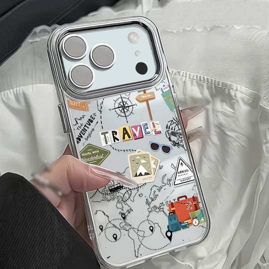Discover For iPhone 17 Pro Max Case Plating Lens Air Line Travel Label Cover For iPhone 16 Pro Max Funda iPhone 13 14 15 12 11 Air