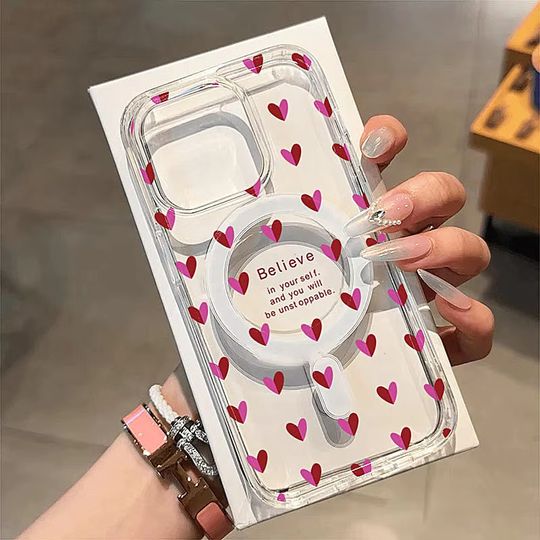 Discover Cute Wine Red Little Love Heart Case For iPhone 17 16 15 14 13 12 11 Pro Plus ProMax 17 Air Wireless Charge Magnetic Clear Cover