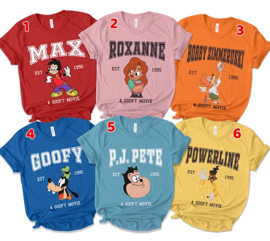 Vintage Disney A Goofy Movie All Characters Group Custom Retro Shirt, Max & Roxanne, Powerline Tee