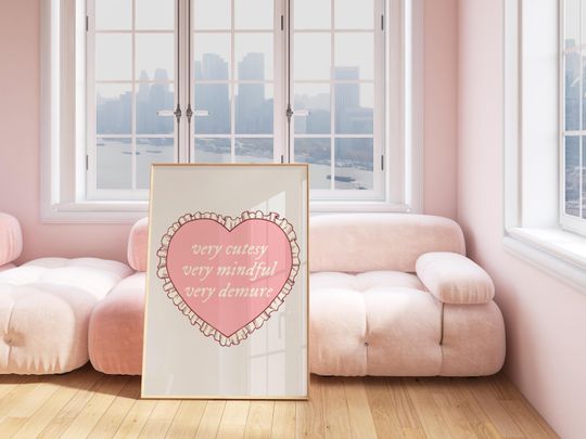 Demure Mindful Poster, Pink Living Room Dorm Wall Art, Trendy Preppy Coquette Aesthetic Vertical Poster, Funny Quote