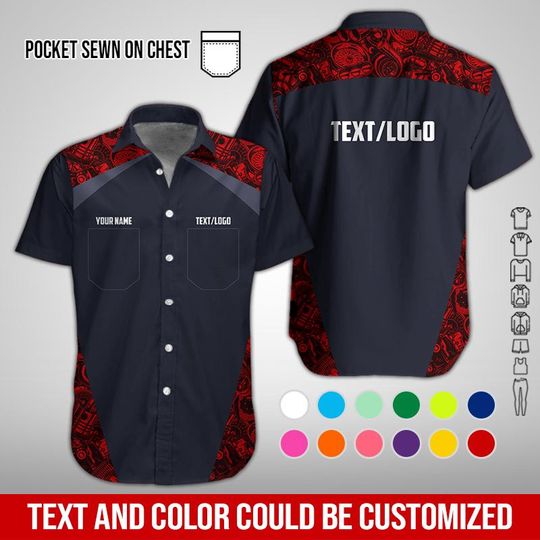 Discover Custom Mechanic Work Shirt with Pockets | Gear Pattern Panels, Personalized Name & Logo