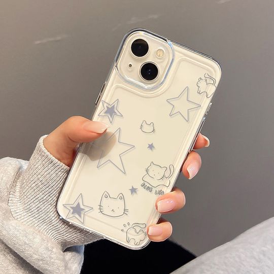 Discover Clear Lines Cat Stars Bumper Soft Silicone Phone Case For iPhone 15 Pro Case iPhone 16e 16 14 13 12 11 Pro Max 7 8 Plus SE Cover