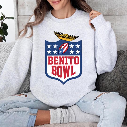 Discover Benito Bowl Sports Sweatshirt - Retro Latin Music Fan Crewneck - Tropical Football Shield Graphic Pullover