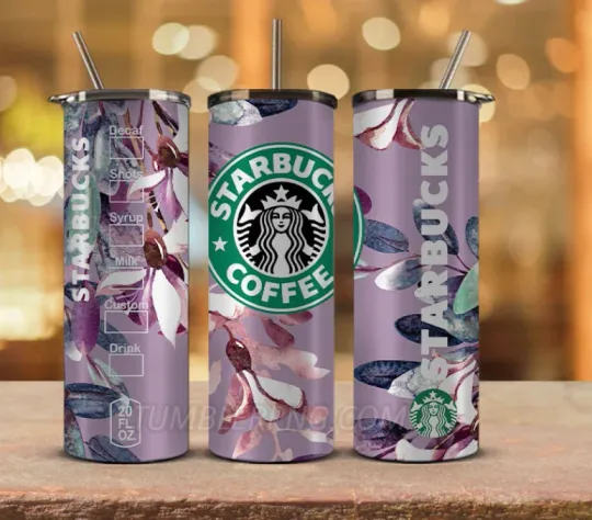 Starbucks Tumbler & Straw Flowery Coffee Plant Scene Stainless Steel