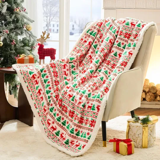 Discover Throw Blanket Sherpa Fleece Reindeer 50x60 Red Holiday 2026