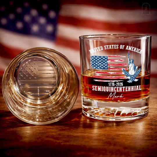 Discover Personalized 250th Anniversary Whiskey Glass, 1776-2026 United States Gift, Usa Flag, Independence Day Gift, Fourth of July, Patriotic Gift