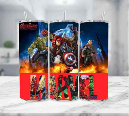 Marvel Avengers Energy Drink Stainless Steel Tumbler Multicolor w/ Straw