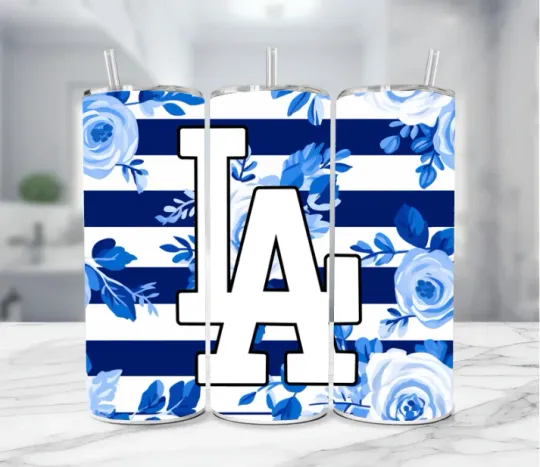 Discover Stainless Steel Tumbler & Straw Lady Fans Blue Flowers - L.A Dodger