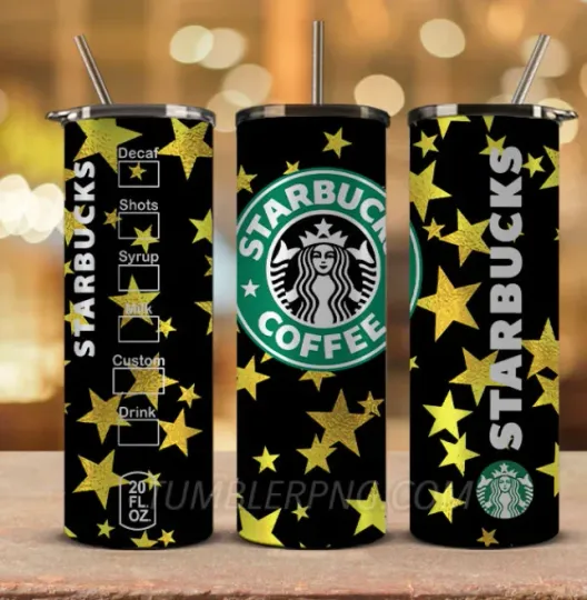 Starbuckss Tumbler  with Straw  20oz Black and Gold Stars Stainless Steel