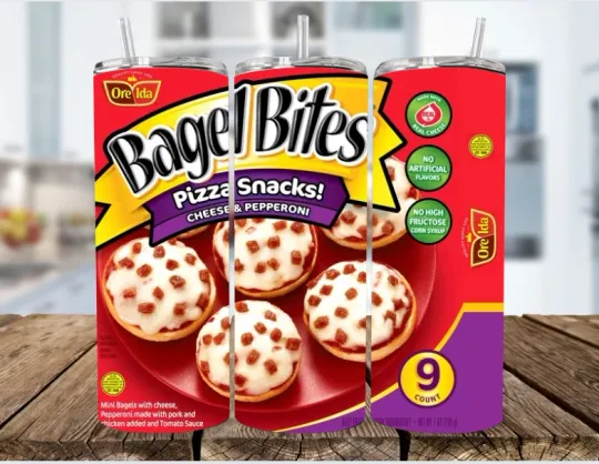 Discover Bagel Bites Pizza Snacks Stainless Steel  Tumbler & Metal Straw- Kids