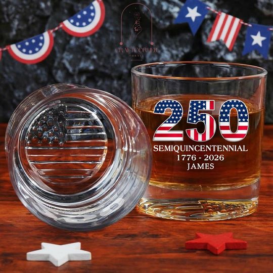 Discover USA 250th Anniversary Whiskey Glass, 1776 2026 Anniversary American, 250 Years of America Glass, Patriotic Gift, Independence Day Gifts