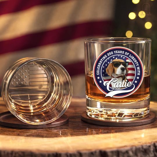 Discover USA 250th Anniversary Whiskey Glass, Custom Dog, 1776-2026 United States Gift, Independence Day Gift,  Fourth of July 2026, Patriotic Gift