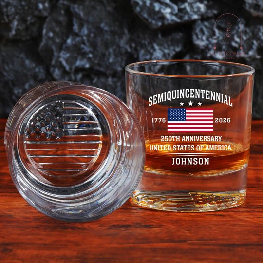 Discover 250th Anniversary Whiskey Glass, Custom Name America 250th Anniversary Whiskey Glass, Independence Day Gift, USA Flag, 250 Years of Freedom