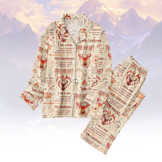 Discover Fire Heart Long Pajama Set for Women, Cozy Book Lover Lounge Sleepwear