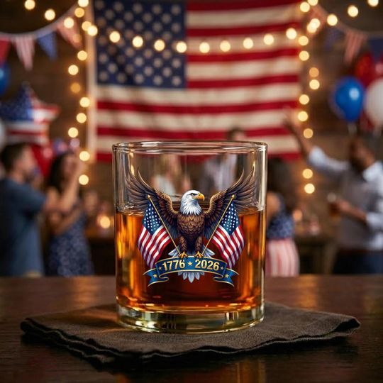 Discover American Eagle and US Flag 250th Birthday USA Whiskey Glass