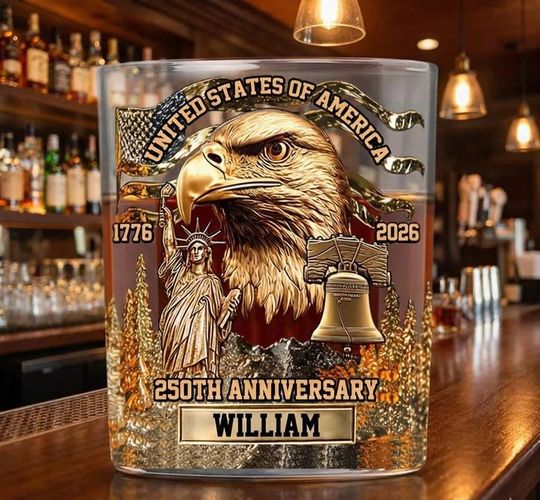 Discover Custom Name 250 Years Anniversary 1776 2026 Whiskey Glass, Personalized Patriotic 4th of July Whiskey Glass, Gift for Dad, Grandpa