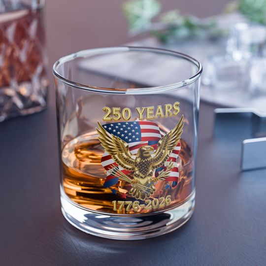 Discover 250 Years Eagle with American Flag Rocks Glass | 1776-2026 Whiskey Glass