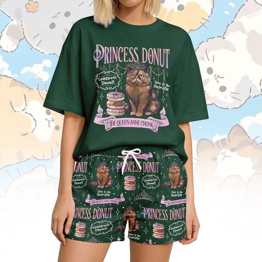 Discover Anne Cat T-Shirt and Shorts Pajama Set, Princess Donut Short Pajamas, Queen Kitten T-Shirt, Short Pants Loungewear