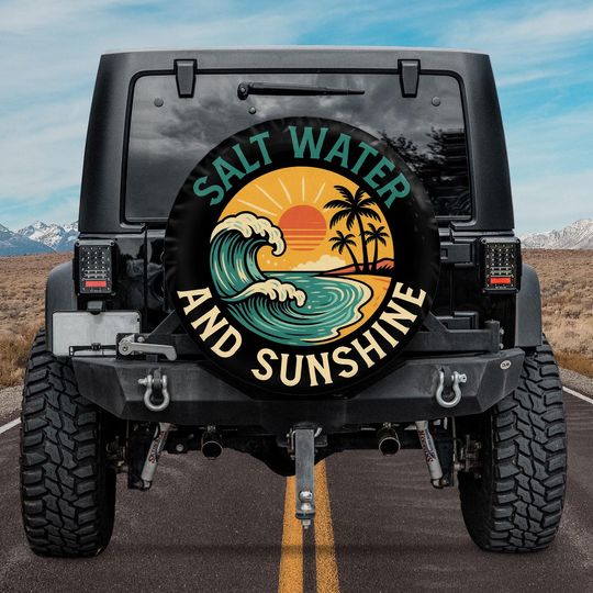 Discover Salt Water and Sunshine Spare Tire Cover, Retro Beach Summer Design, Tropical Sunset Tire Cover, Girls Vacation Gift