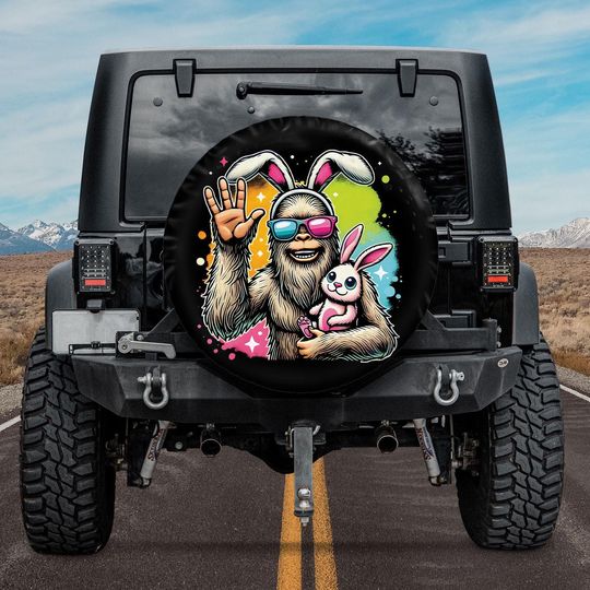 Discover Bigfoot Easter Bunny Ears Spare Tire Cover, Perfect Spring Accessory For Cars, Trucks, RVs, Unique Bigfoot Design, Easter Tire Protector