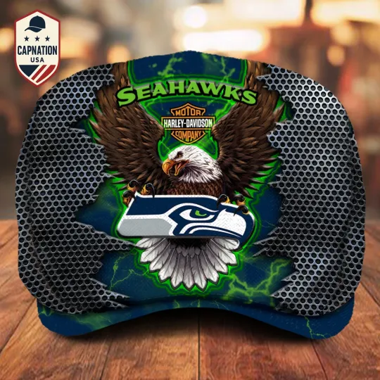 Seattle-Seahawks Jeff Cap H davidson Jeff Cap football Newsboy Cap Flat