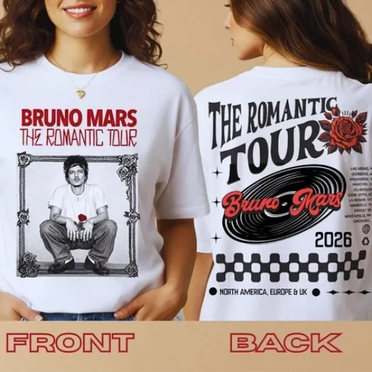 Bruno Mars The Romantic Tour T-shirt 2026 Tour Dates In the Back Two Sided Tee