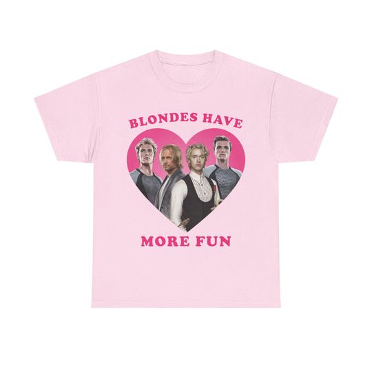 Pink T-Shirt with Blondes Have More Fun Print featuring Peeta Mellark, Coriolanus Snow, Finnick Odair, and Haymitch