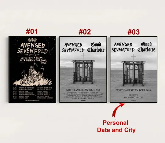 Discover Avenged Sevenfold 2026 Tour Poster, Custom Date and City tour