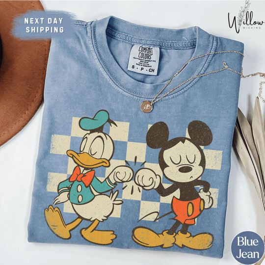 Discover Funny Checkered Mickey and Donald Comfort Colors Shirt, Vintage Disney Friends Tee, Fist Bump Shirt for Besties, Magical Park Tee