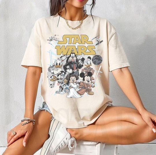 Discover Retro Star Wars Disney Shirts, Retro Mickey and Friends Jedi Tee, Family Vacation Outfit, Sci-Fi Cartoon Graphic, Gift for Disney Fan Shirts