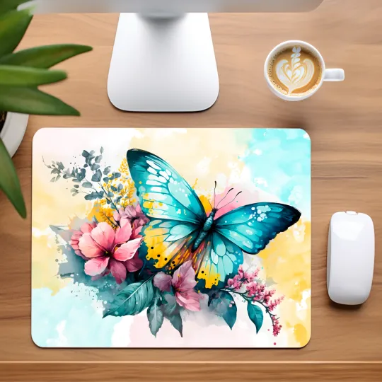 Discover Teal and Yellow Butterfly Mouse Pad for Home Office