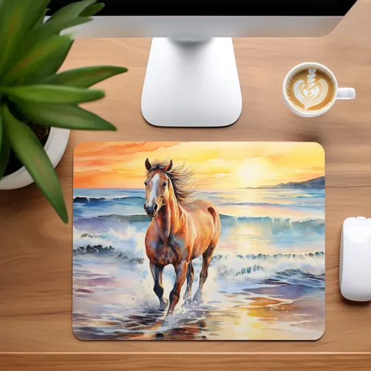 Discover Horse Running on Beach at Sunset Mouse Pad for Home Office