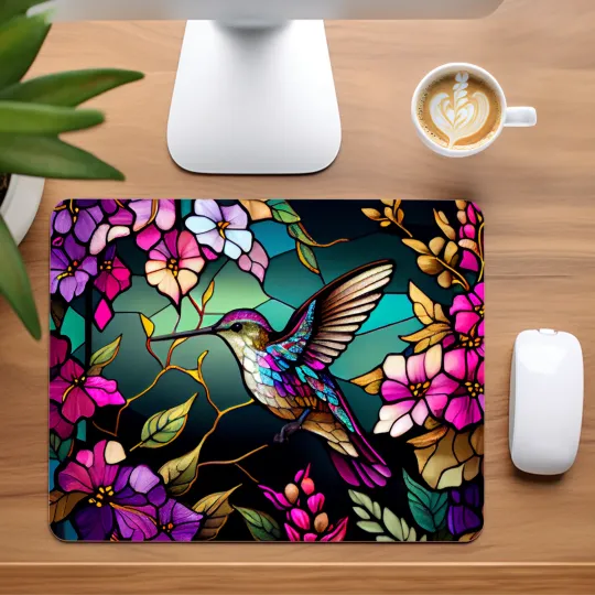 Discover Stained Glass Hummingbird Mouse Pad for Home Office