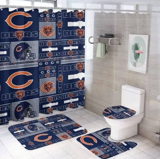 4 Pcs Chicago Football Shower Curtain Set bathroom set