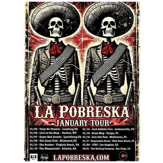 Discover La Pobreska January Tour 2026 Punk Rock Concert Skeleton Art Poster