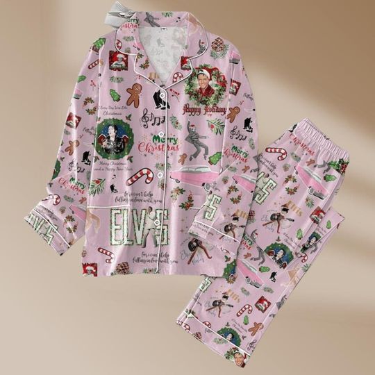 Discover Elvis King Long Sleeve Pajamas, Elvis Presley Pajamas Set, Rock And Roll Music Bridesmaid Pajamas, The King Christmas Pajamas