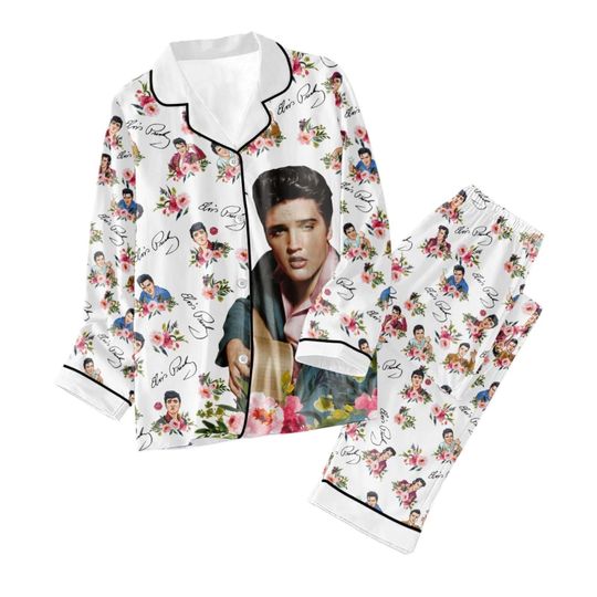 Discover Elvis Presley Pajamas Set, 1950s Rock n Roll Nightwear, Retro Music Lover Gift for Her, Pink Vintage Vinyl Record PJs