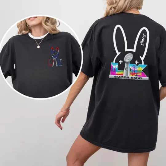 Discover Custom Name Bad Bunny x Super Bowl LIX T-Shirt, Super Bowl 2025 2026 Fan Merch