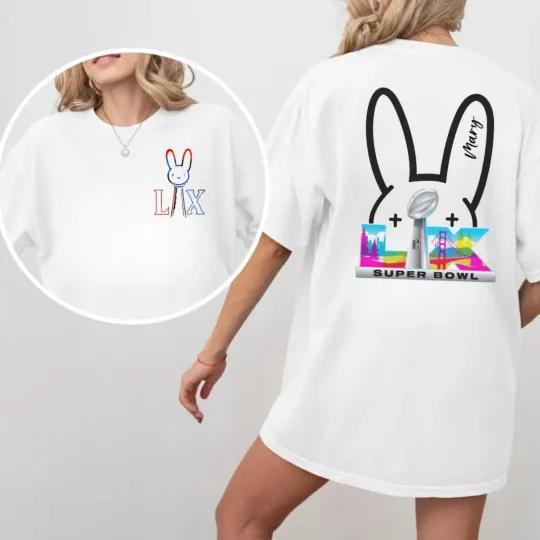 Discover Custom Name Bad Bunny x Super Bowl LIX T-Shirt, Super Bowl 2025 2026 Fan Merch