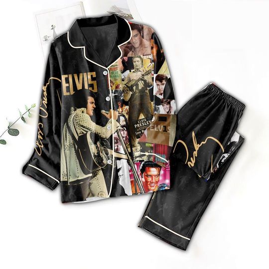 Discover Elvis Presley Pajamas Set, 1950s Rock n Roll Nightwear, Retro Music Lover Gift for Her, Pink Vintage Vinyl Record PJs