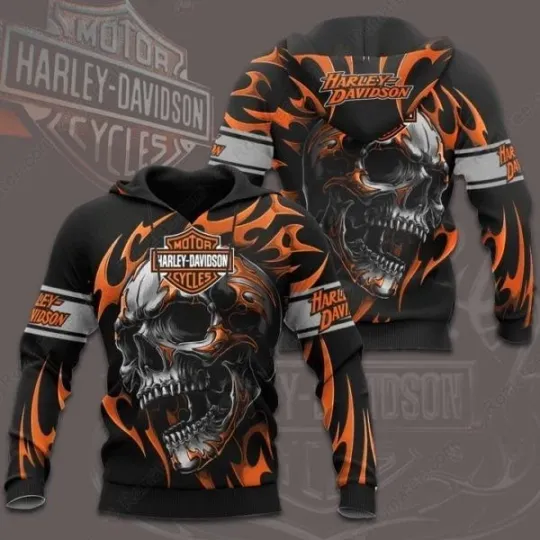 Discover Haarleyy Davidson Skull Flames Hoodie Bold Graphic