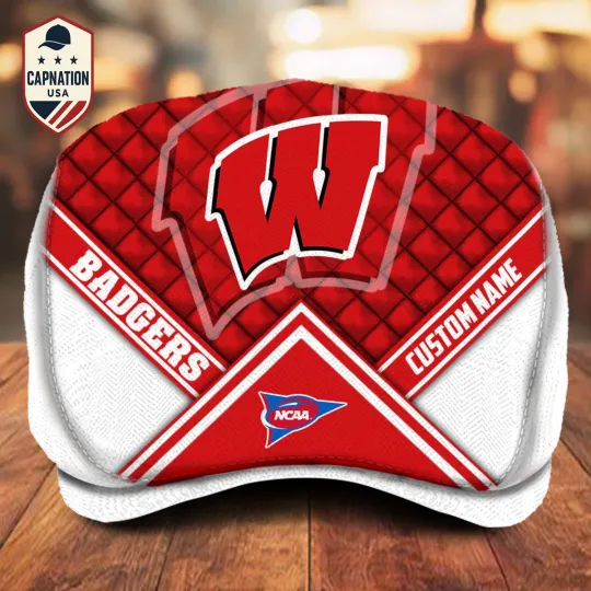 Discover Wisconsin-Badgers Jeff Cap Custom Name Driving Cap Golf Cap Newsboy Flat Cap