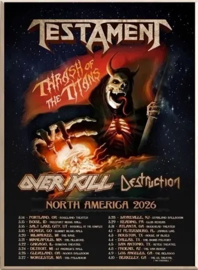 Discover Testament Spring 2026 US Tour Poster