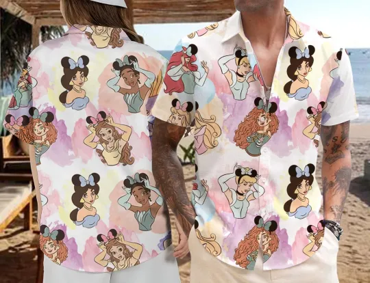 Discover Disney Princess Characters Group Minnie Ears Bow Halloween Hawaiian Shirt