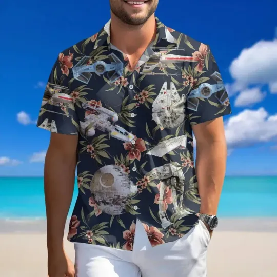 Discover Disney Star Wars Galactic Sci-Fi Aloha Tropical Flowers Hawaiian Shirt