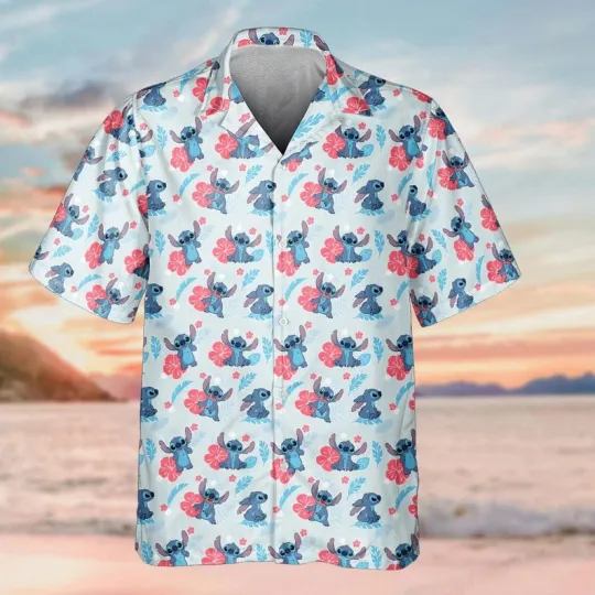 Discover Disney Lilo And Stitch Stitch Actions Red Hibiscus Floral Hawaiian Shirt