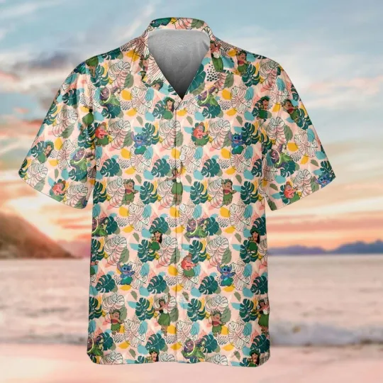 Discover Disney Lilo And Stitch Cute Stitch Green Tropical Leaves Floral Hawaiian Shirt