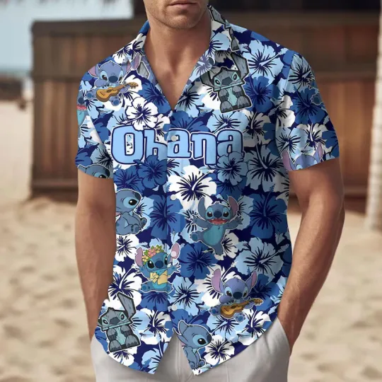 Discover Disney Lilo & Stitch Movie 2025 Stitch Floral Blue Hawaiian Shirt