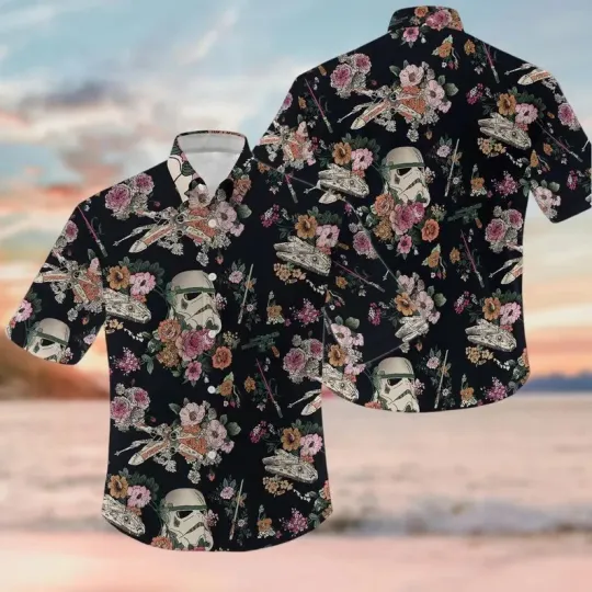 Discover Disney Star Wars Stormtrooper Floral Summer Tropical Black Hawaiian Shirt